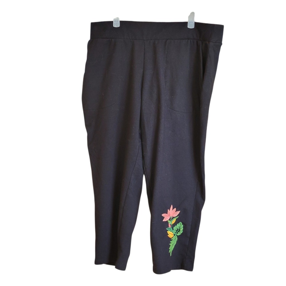 Denim & Co. Floral Embroidered Pants Cropped  Womens Petite Medium PM Navy Blue